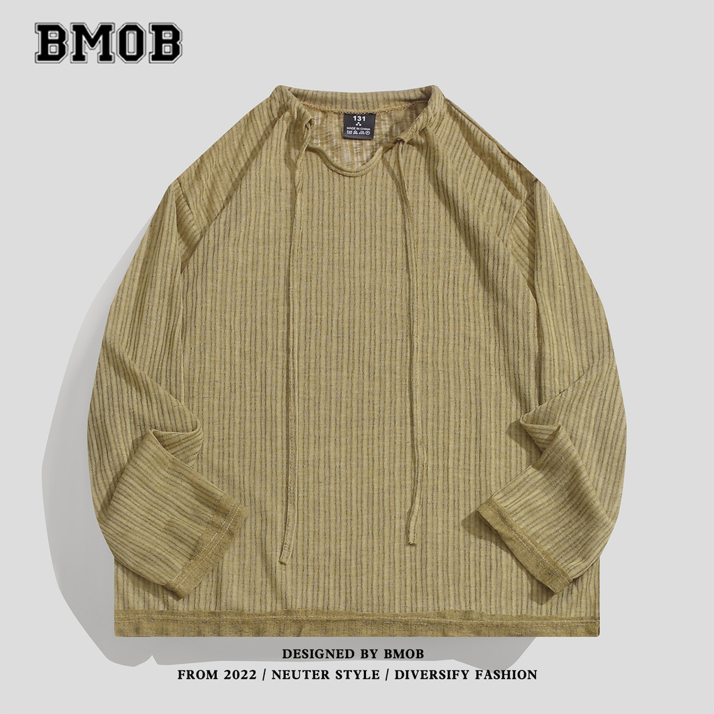 BMOB Preguiçoso Listrado Design Sentido Camiseta Homens Mulheres Angustiado Solto Moda Primavera Outono Manga Comprida A