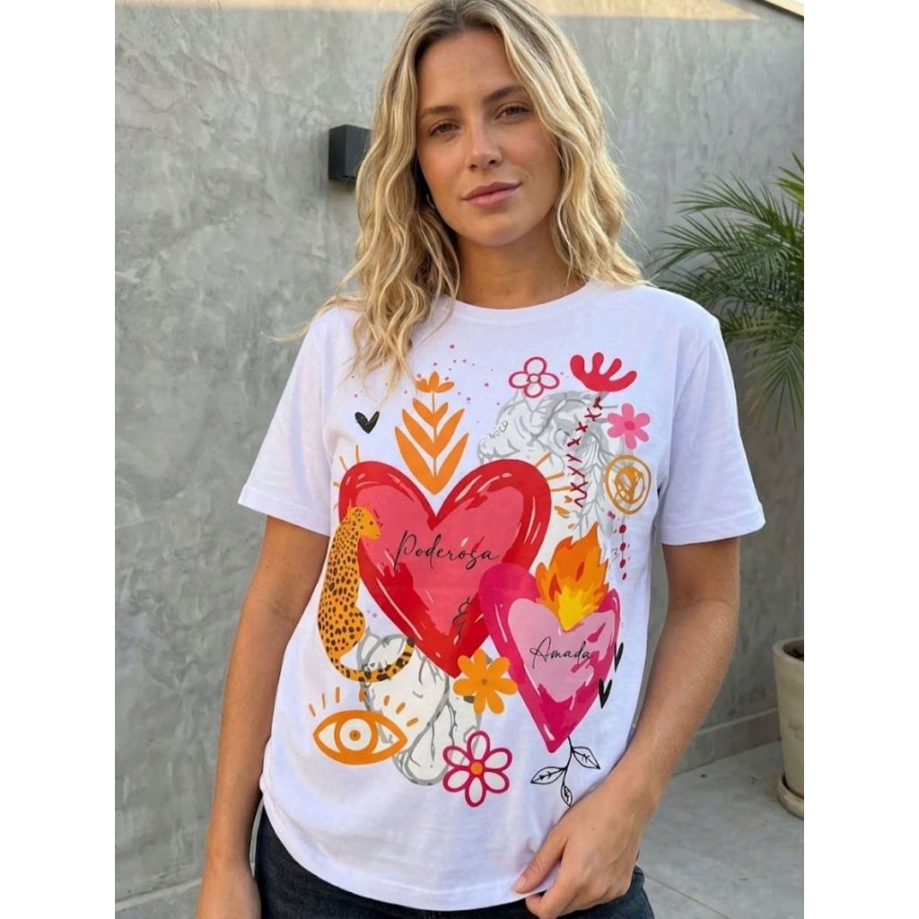 Camiseta Feminina Estilosa Moderna Casual 100% Algodão Leve Confortável Estamp Suave Streetwear Modelo: Poderosa e Amada