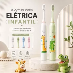 Escova de Dente Elétrica Infantil Sônica + 2 Cabeças Cerdas Macias à Prova D’água