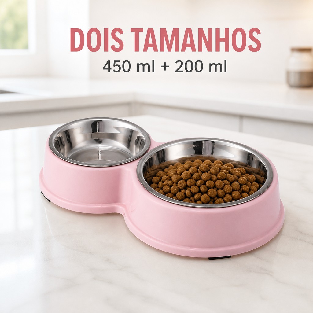 Bebedouro e Comedouro para Cães e Gatos com Duas Tigelas e Base de Plástico Resistente