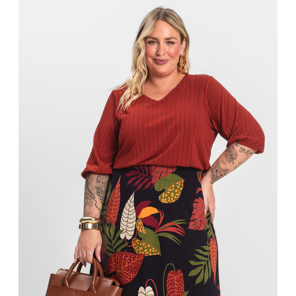 Blusa Canelada Plus Infinita Cor Laranja