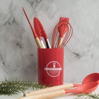 Kit Utensílios de Cozinha de Silicone Panela Vermelho Cabo Madeira Utensílios Cozinha Resistente Antiderrapante 7 Pecas