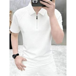 Camiseta masculina de manga curta com lapela meio zíper listrado Casual meia manga Top jovem cor sólida todos