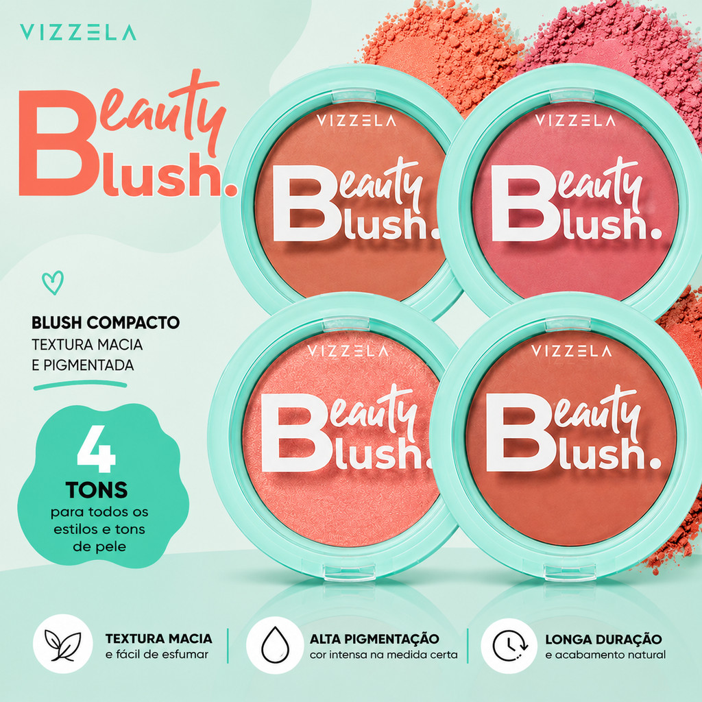 Blush em Pó Beauty Blush Vizzela Vegano Rosa Terracota Pêssego Cintilante Maquiagem Rosto