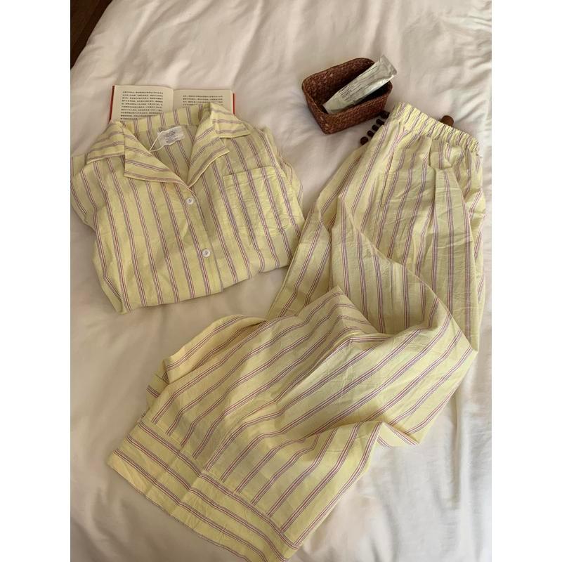 Camisa listrada com costura amarela, calças de manga comprida, primavera verão, roupa externa, estilo coreano, sensação 
