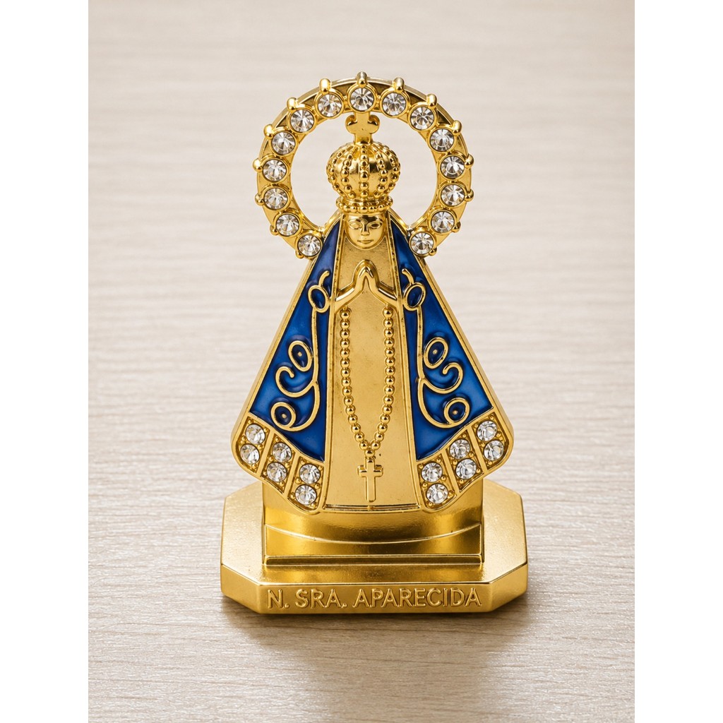 Imagem de Nossa Senhora Aparecida dupla face com Strass 5cm Mini Imagem Religiosa com Adesivo para Carro e Mesa