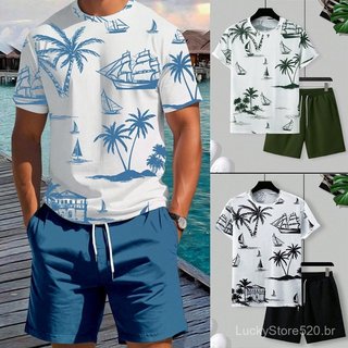 Conjunto Masculino: Camiseta de Gola Redonda com Estampa Tropical e Shorts de Algodão, Moda Praia Masculina WQKC