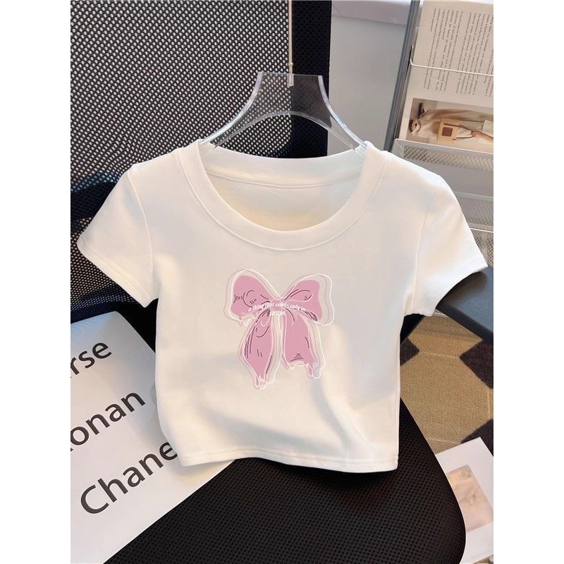 Algodão puro meninas camiseta curta cintura alta exposta manga curta verão crianças branco estilo curto estilo ocidental
