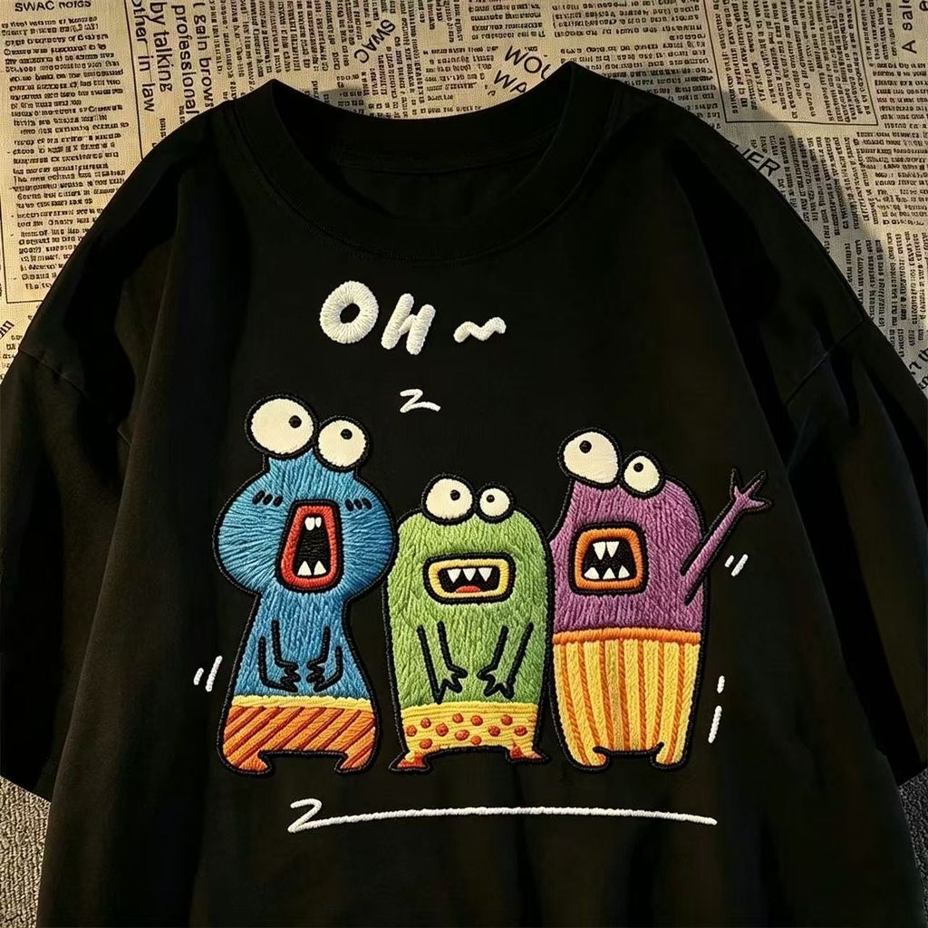Algodão dos desenhos animados impresso camiseta de manga curta bonito meninos meninas crianças em torno do pescoço topo 