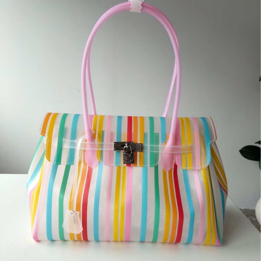 Cross-Border novo estilo TPU geléia saco de ombro grande capacidade bolsa arco-íris listras saco de praia de alto valor