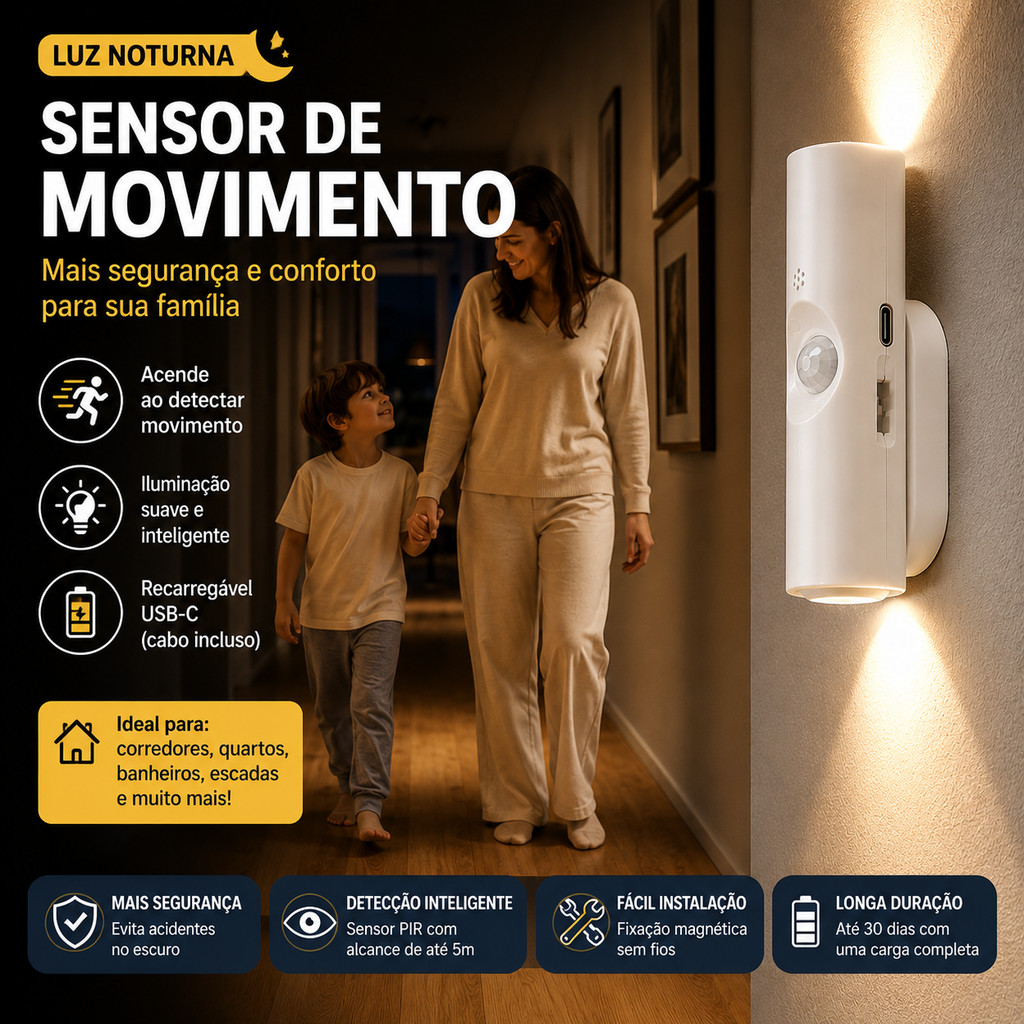 Kit 1/2 Luminária De LED com Sensor de Movimento Magnética Recarregável USB Sem Fio Portátil para Quarto Corredor Escada — imagem 2 de 2