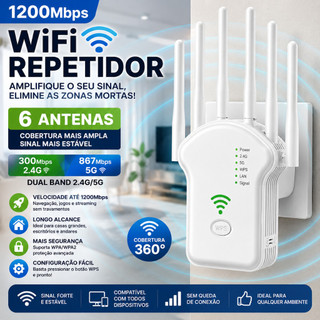Repetidor WiFi 1200Mbps 6 Antenas Amplificador Sinal Extensor Alcance 2.4G 5G Casa​
