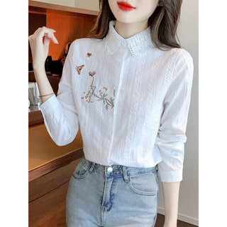Algodão puro bordado camisa de tamanho grande feminino de manga comprida novo estilo ocidental renda de manga curta Desi