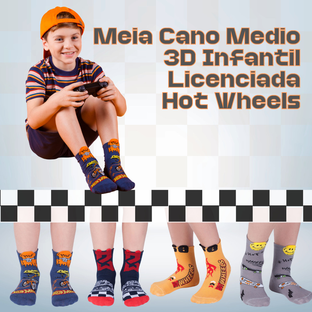 Meia Individual Cano Médio 3D Infantil Hot Wheels Menino Divertida