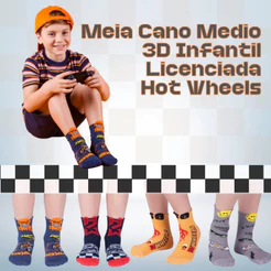 Meia Individual Cano Médio 3D Infantil Hot Wheels Menino Divertida