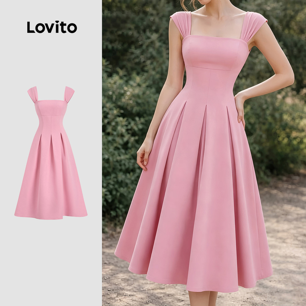 Lovito Elegante Plissado Simples Com Linhas Estruturais Verão/Primavera Rosa Feminino L198ED3111