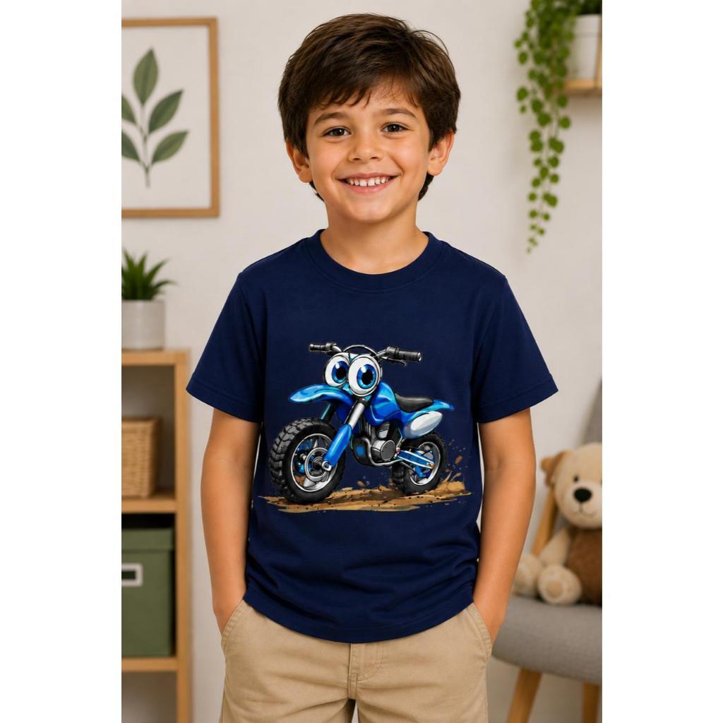 Camiseta Infantil Moto Divertida em Algodão | Estampa Moto Azul | Meninos | Tamanhos 2 ao 14 Anos