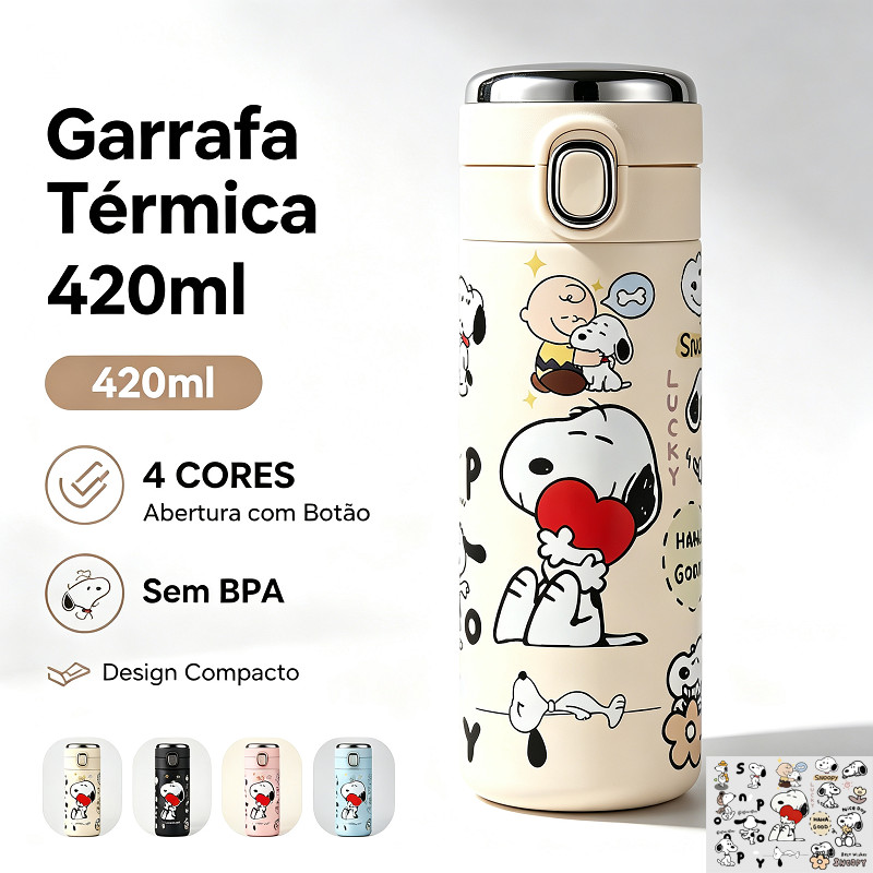 Garrafa Térmica 420ml com Display Digital e Tampa com Trava – Mantém Temperatura por Horas kawaii cachorro Snoopy