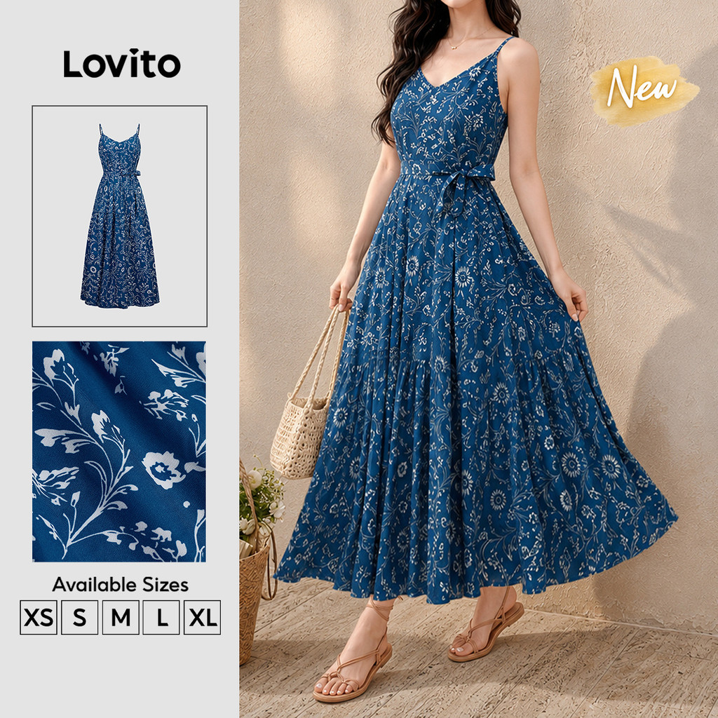 (New Arrival) Lovito Boho Vestido Longo Evase Azul Floral Miúdo Amarração Estilo Resort Primavera Verão Férias Para Mulheres DRB204P1D600