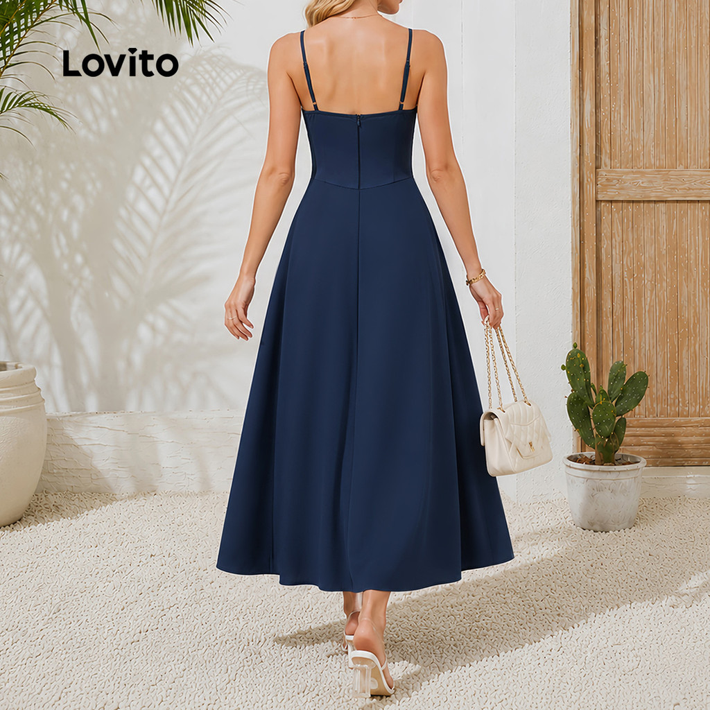 (New Arrival) Lovito Vestido Boho Feminino Longo Azulescuro Plissado Com Zíper Corte a Primavera/Verão DRB39BR121 · foto 2