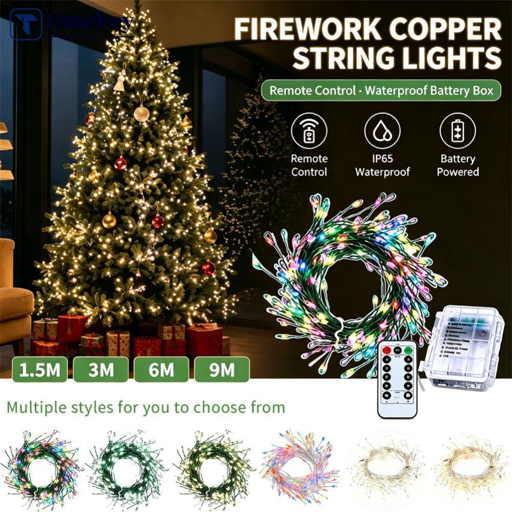 TIMEKEY 1.5M/3M/6M/9M LED Fio De Cobre Luzes De Corda De Fogos De Artifício Verde/Prata Caixa De Bateria À Prova D'água