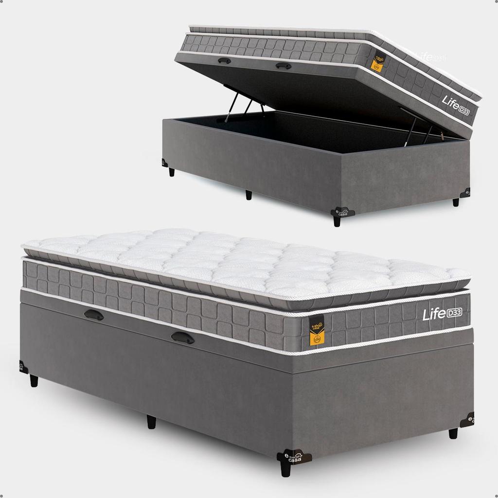 Cama Box Baú Solteiro + Colchão Life D33 Pillow Top 61x88x188cm - Cinza- e-Shop Casa