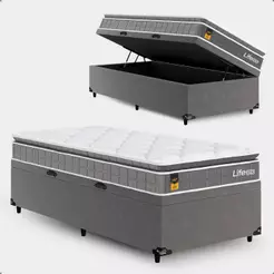 Cama Box Baú Solteiro + Colchão Life D33 Pillow Top 61x88x188cm - Cinza- e-Shop Casa