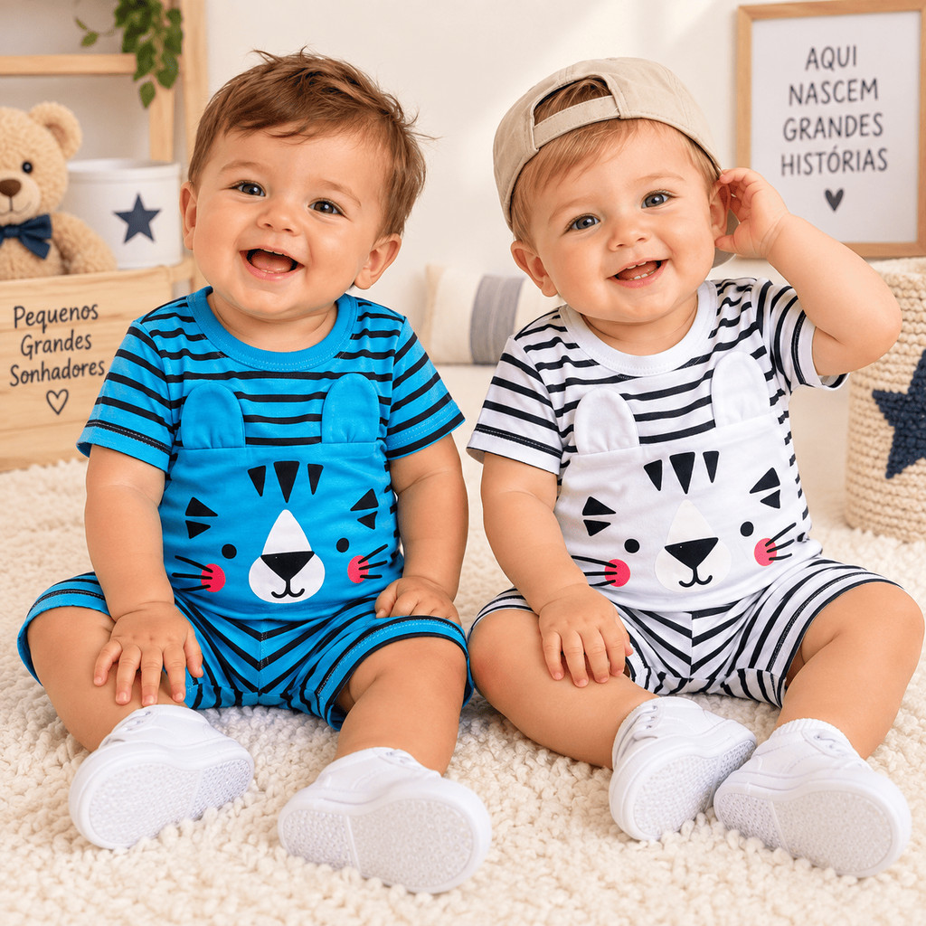 Conjunto Bebê Camiseta e Shorts Animal Gato Fofo Listrado Verão Infantil