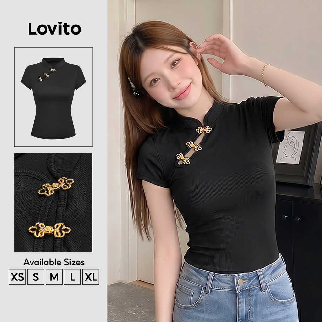 Lovito Casual Blusa Cropped Primavera/Verão Preta Feminina L166AD396