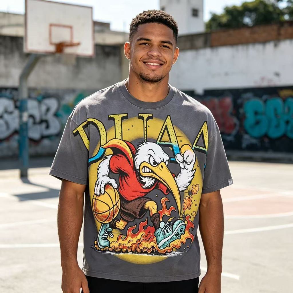 Duaaa americano dos desenhos animados águia injeção direta impresso diamante quente camiseta masculina solta em torno do
