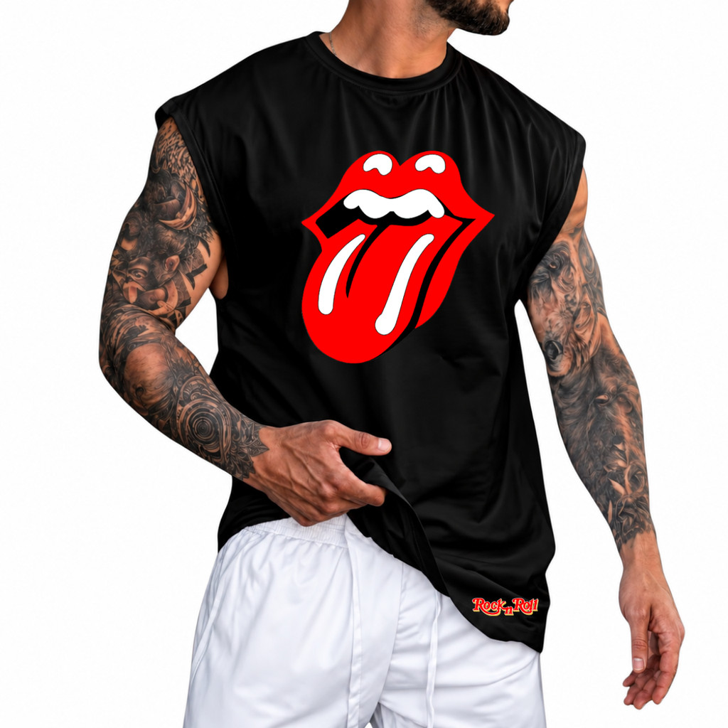 Regata Machão Rock in Roll Oversized 100% Algodão Camiseta Cavada Musculação Streetwear Academia