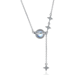 Colar Planeta Feminino, Colar com Pingente de Zircônia Cúbica Brilhante, Colar de Pedra da Lua Azul, Colar de Estrela de