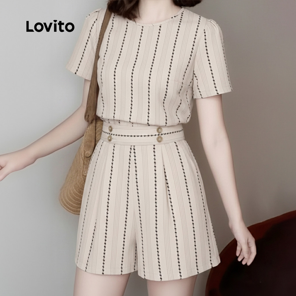 Lovito Casual Conjuntos de Shorts Botão Primavera/Verão para Mulheres Caqui L171ED408