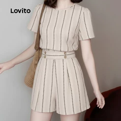 Lovito Casual Conjuntos de Shorts Botão Primavera/Verão para Mulheres Caqui L171ED408