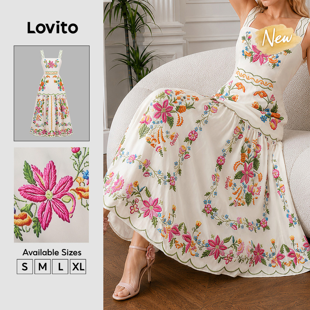 (New Arrival) Lovito Vestido Casual Floral Feminino Longo Com Babado Na Barra primavera/verão férias E Fim De Semana DRT39BR222
