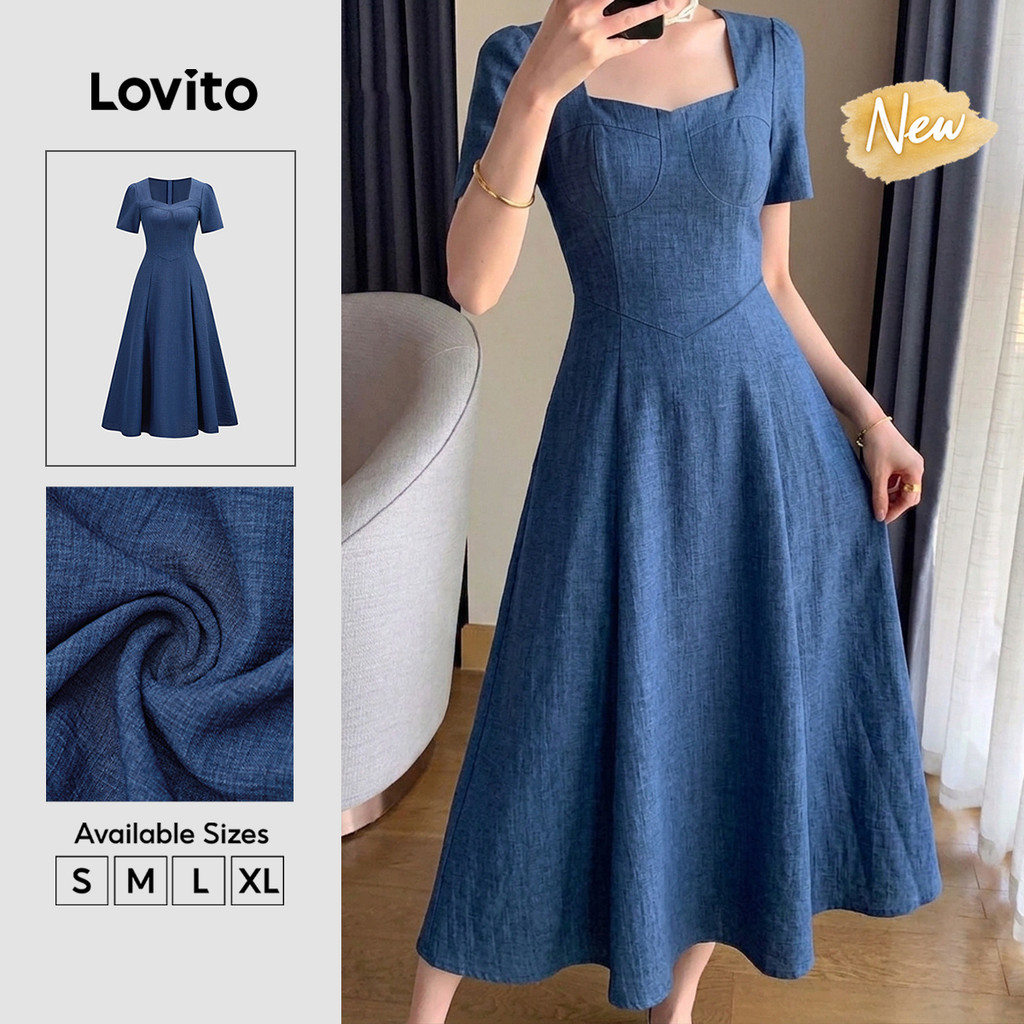 (New Arrival) Lovito Vestido Feminino Linha Structure Casual Azulescuro Longo evasê zíper primavera/verão férias/fds DRB39BR059