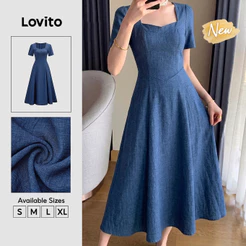 (New Arrival) Lovito Vestido Feminino Linha Structure Casual Azulescuro Longo evasê zíper primavera/verão férias/fds DRB39BR059