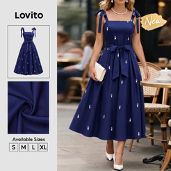 (New Arrival) Lovito Vestido Azul Feminino Floral Miúdo Com Cadarço E Zíper Longo Evasê Casual/trabalho Primavera/Verão DRB39BR027