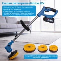 Escova de Limpeza Elétrica 21V 5000RPM Potente Bateria Dupla Alívio de Dores Ajustável, Kit Completo