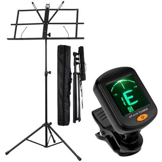 Kit Estante de Partitura Retrátil com Capa + Afinador Digital com Presilha para Violão Guitarra Baixo Violino Ukulele