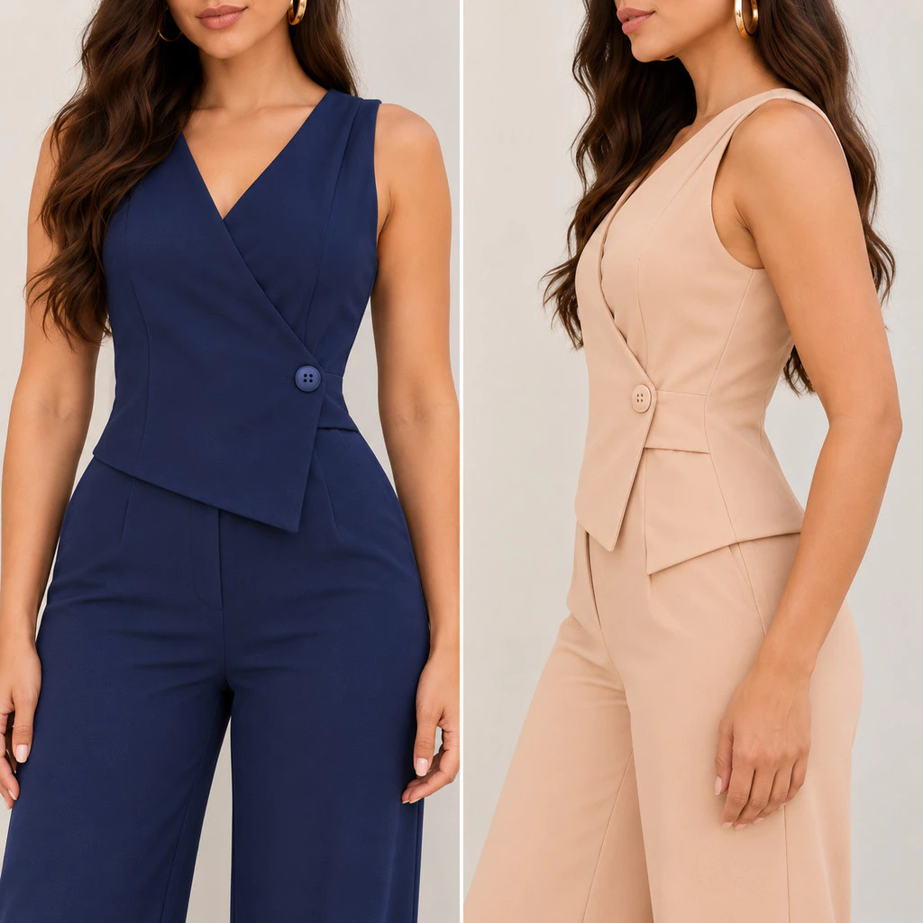 Macacão Feminino Longo Alfaiataria Pantalona Executivo Elegante Acinturado Decote V Sem Manga Transpassado Botão Frontal — imagem 1