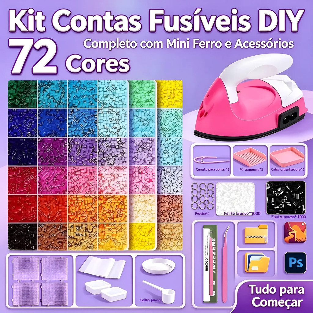 Kit De Contas Fusíveis Diy 72 Cores Com Mini Ferro De Passar