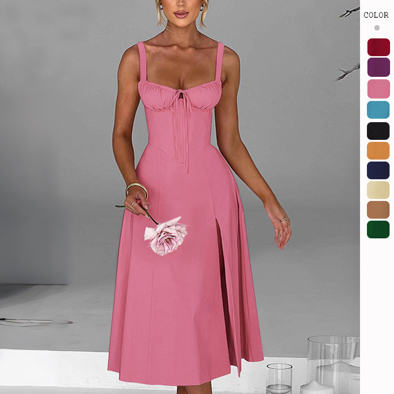 Nova moda Casual rendas magro-ajuste saia longa fenda estilingue vestido feminino