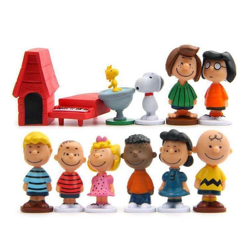12 peças/conjunto, 5 cm, personagens de anime, incluindo Charlie Brown, Snoopy, Sally Woodstock e Lucy Van Pelt, materia