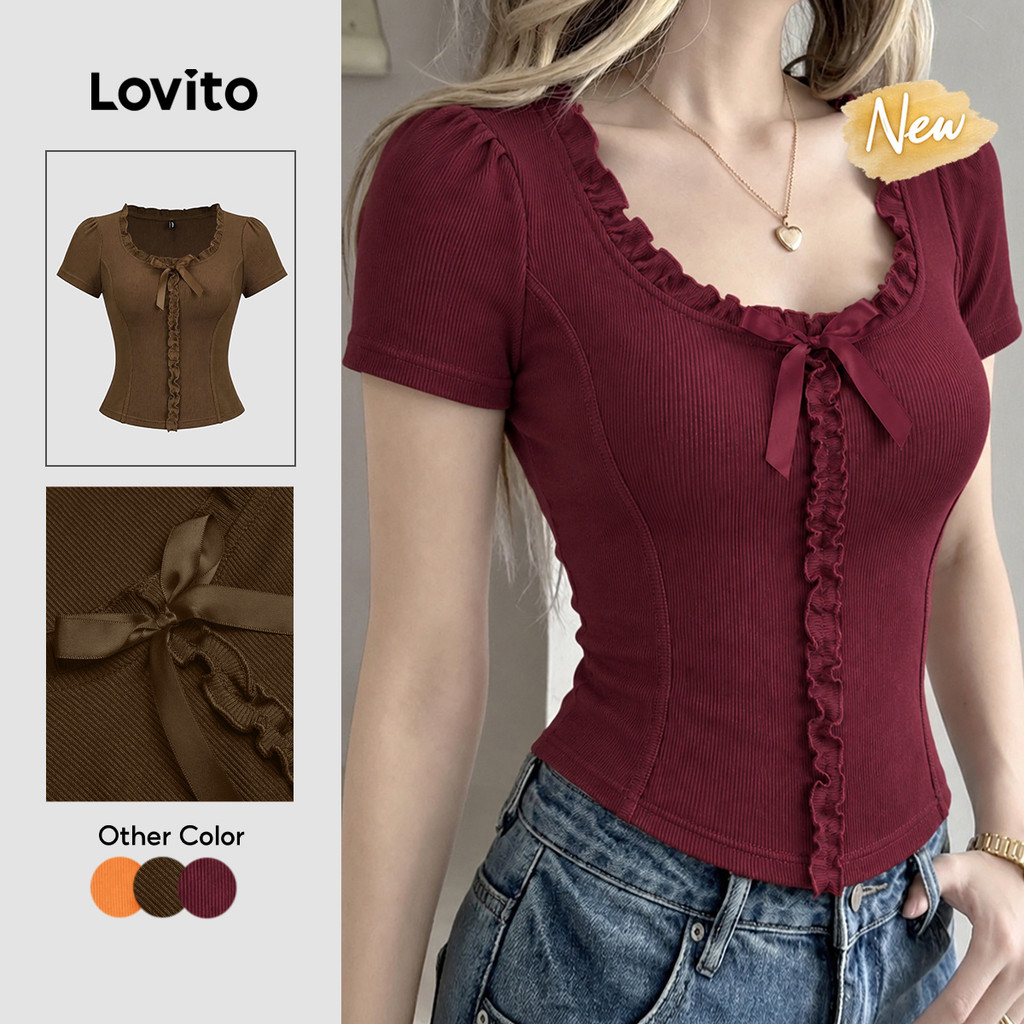 (New Arrival) Lovito Camiseta Feminina Casual Cny Weekend Vinho Manga Curta Gola U Barra Ondulada primavera/verão TSK10P1D059