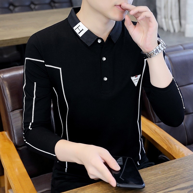 Camiseta de manga comprida masculina primavera puro algodão lapela camisa polo masculina camiseta de fundo interno ins s