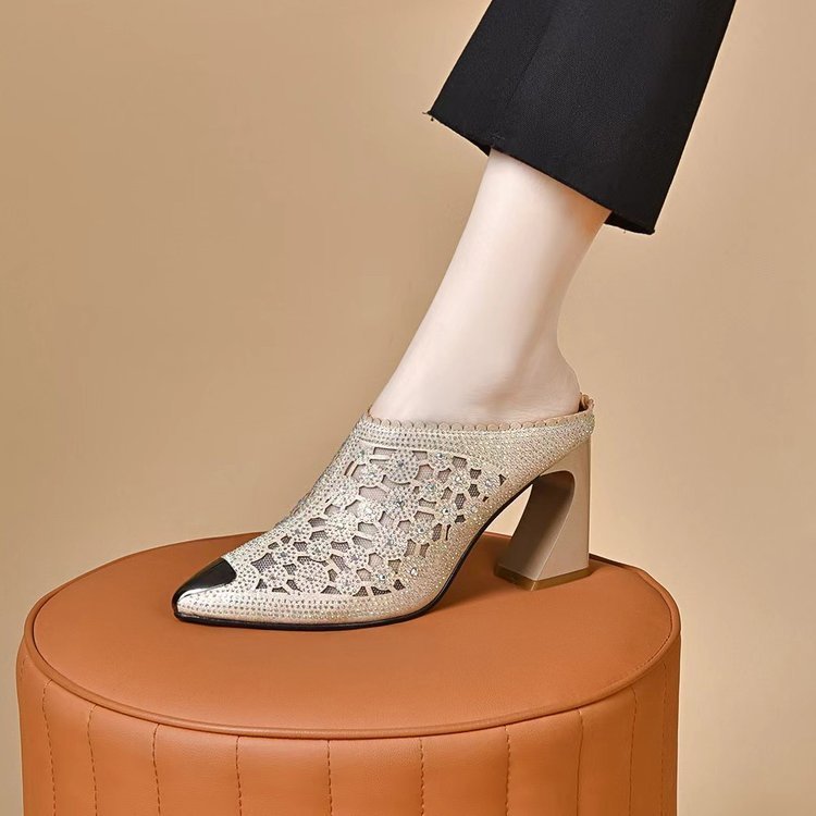 Baotou feminino exterior usar meia chinelos malha strass oco