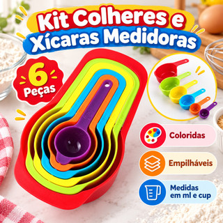 Kit 6 Medidores de Receitas Culinárias - Jogo de 6 Medidores de Cozinha Colorido com Várias Medidas de Xícara e Colheres