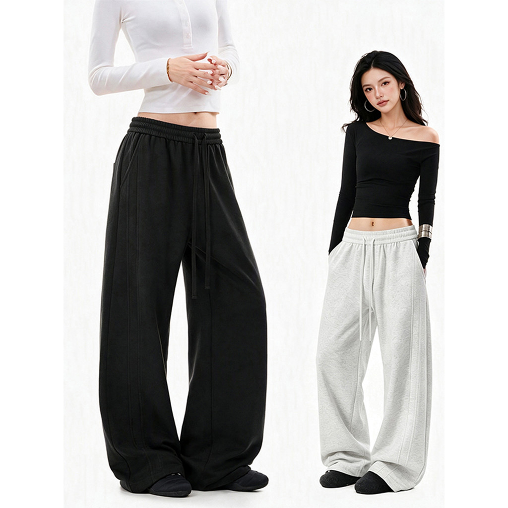 Calça de moletom preta pesada feminina masculina outono Design desconstrução calças esportivas de perna larga solta cor 