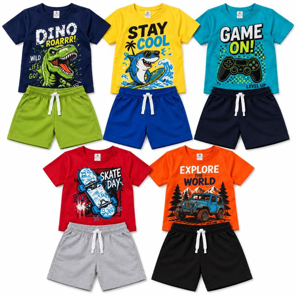Kit Roupa Infantil Menino Masculino 6 ou 10 Peças Verão Camiseta + Bermuda 3 ou 5 Conjuntos Estampas Sortidas